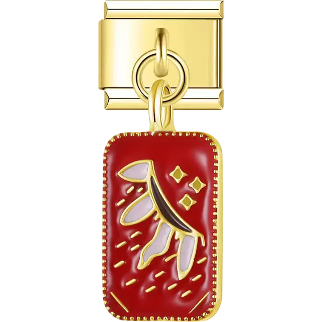 Red enamel rectangle with gold crescent moon stars and white accents Italian charm bracelet link