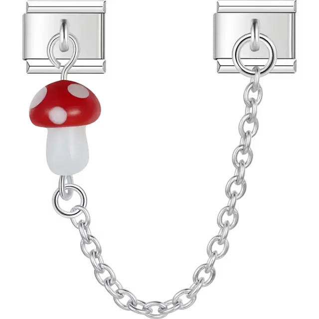 Red mushroom with polka dots dangle safety chain Italian charm bracelet link