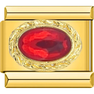 Red oval faceted stone with gold braided border Italian charm bracelet link