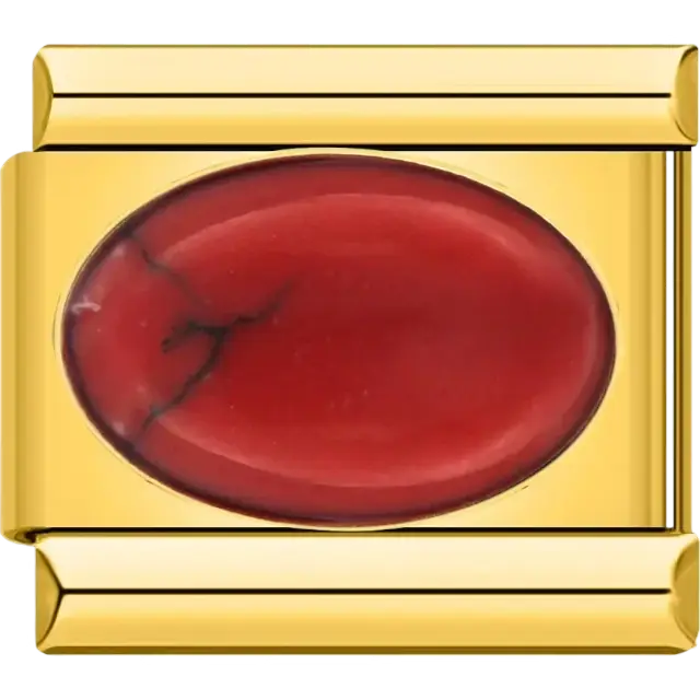 Red oval stone with gold border Italian charm bracelet link