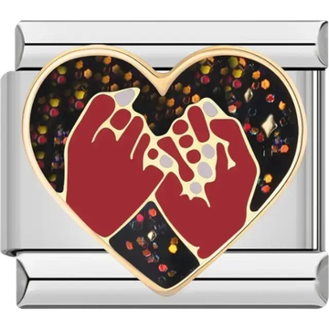 Heart with red pinky promise hands on a black glitter background Italian charm bracelet link