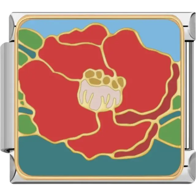 Red poppy flower with gold outlines and green leaves Italian charm bracelet link