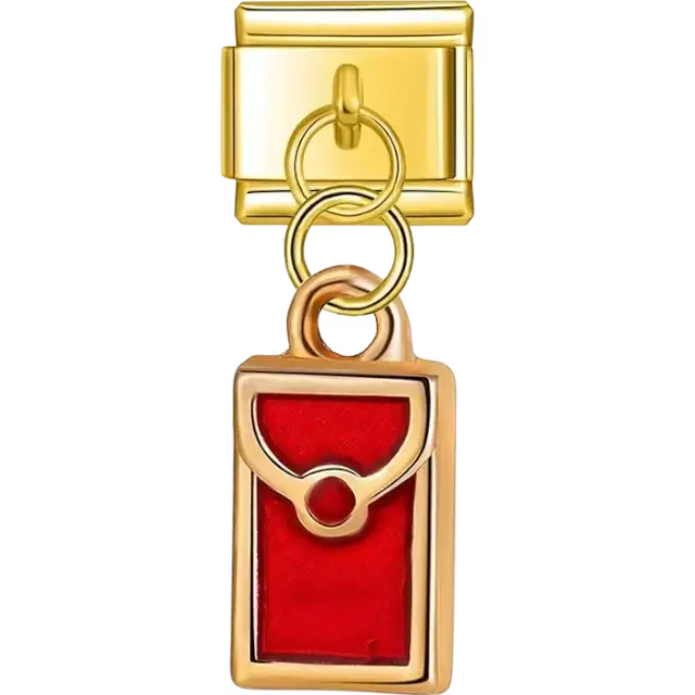 Gold charm with a red purse dangle design Italian charm bracelet link
