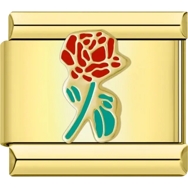 Red rose with teal leaves and a golden stem Italian charm bracelet link