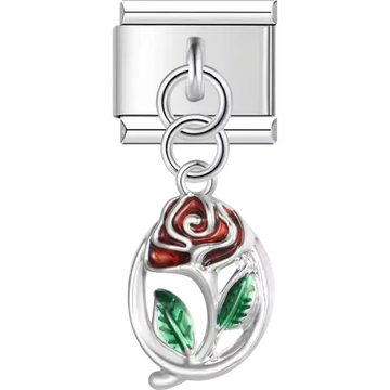 Red rose with two green leaves in an oval frame dangle Italian charm bracelet link