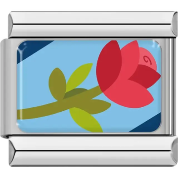 Red rose with green stem and leaves on a blue background Italian charm bracelet link