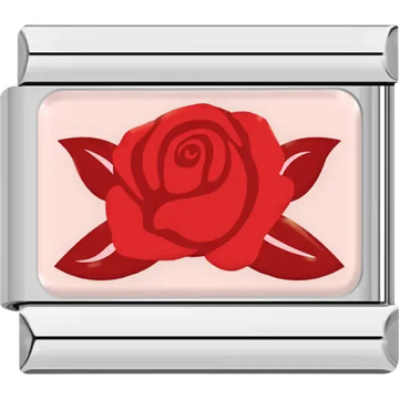 Red rose with dark red leaves on pink background Italian charm bracelet link