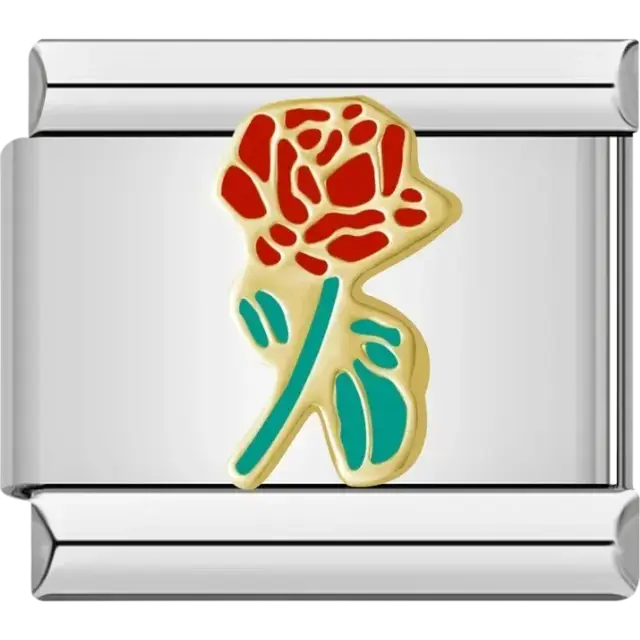 Red rose with teal leaves and a golden stem Italian charm bracelet link