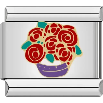 Bouquet of red roses with green leaves in a purple vase Italian charm bracelet link