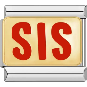 Gold background with bold red text "SIS" Italian charm bracelet link