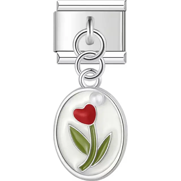 Oval pendant with red heart tulip green leaves dangle Italian charm bracelet link
