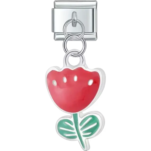 Red tulip pendant with green leaves and silver outlining Italian charm bracelet link
