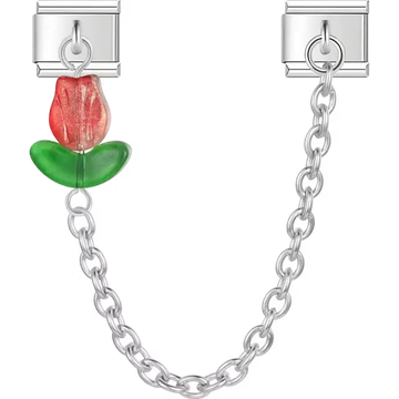 Red tulip with green leaves connected by chain Italian charm bracelet link