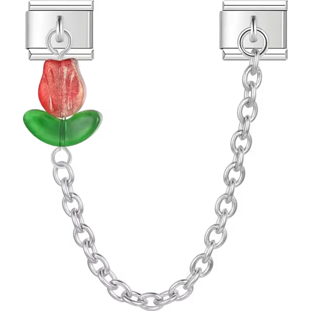 Red tulip with green leaves connected by chain Italian charm bracelet link