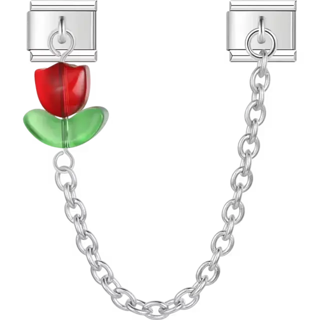Red tulip flower with green leaves connected by a chain Italian charm bracelet link
