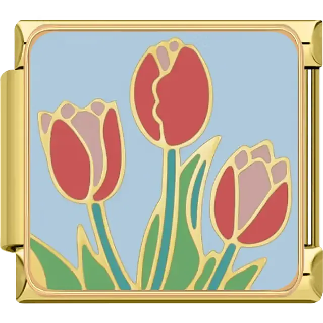Red tulips with green leaves and gold outlines Italian charm bracelet link