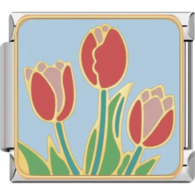 Red tulips with green leaves and gold outlines Italian charm bracelet link