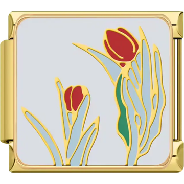 Red tulips gold outline green stems leaves silver background Italian charm bracelet link