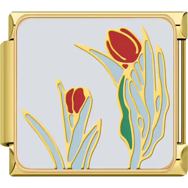 Red tulips gold outline green stems leaves silver background Italian charm bracelet link