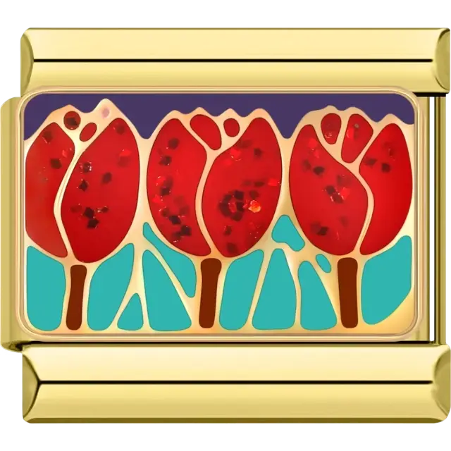 Three red tulips with green leaves Italian charm bracelet link