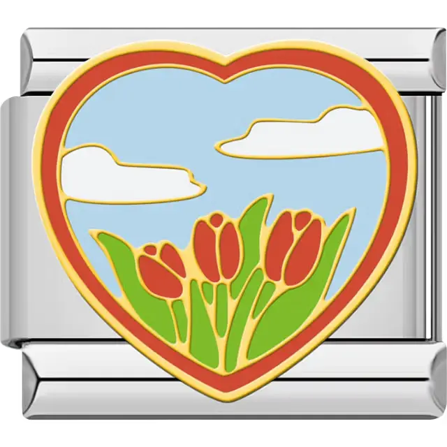 Red tulips with green leaves and white clouds on blue sky heart shape Italian charm bracelet link