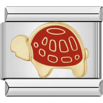 Gold turtle with a red shell and intricate gold detailing Italian charm bracelet link