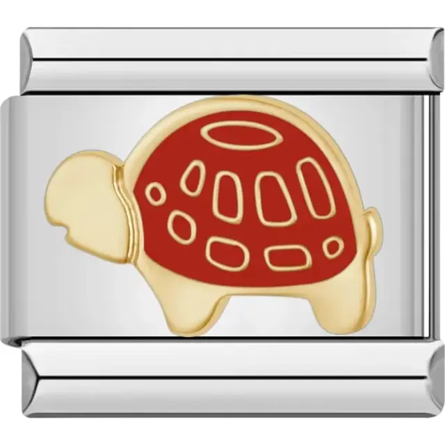 Gold turtle with a red shell and intricate gold detailing Italian charm bracelet link