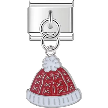 Red winter hat with white trim and pom-pom on dangle Italian charm bracelet link