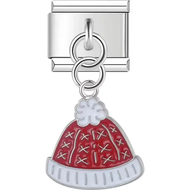 Red winter hat with white trim and pom-pom on dangle Italian charm bracelet link
