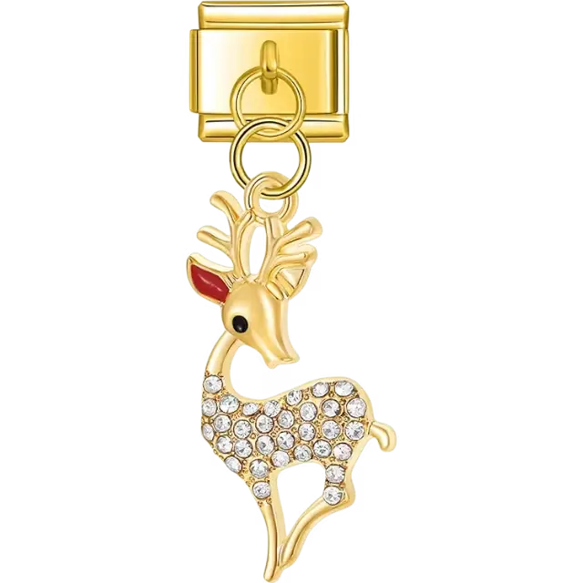Dangle featuring a reindeer with clear crystal accents and red ear detailing Italian charm bracelet link