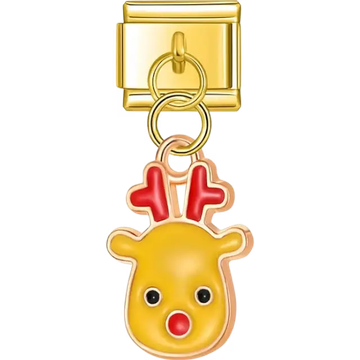 Dangle featuring a reindeer head with red antlers and a red nose Italian charm bracelet link