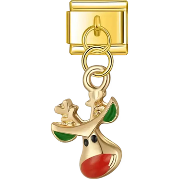 Gold reindeer face with green antlers and red nose dangle design Italian charm bracelet link