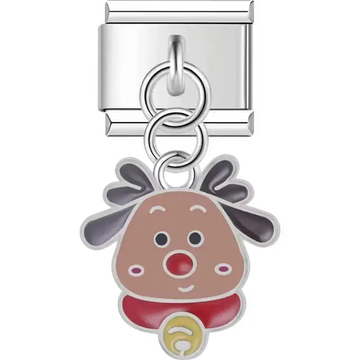 Brown reindeer with red nose red scarf and gold bell on dangle Italian charm bracelet link