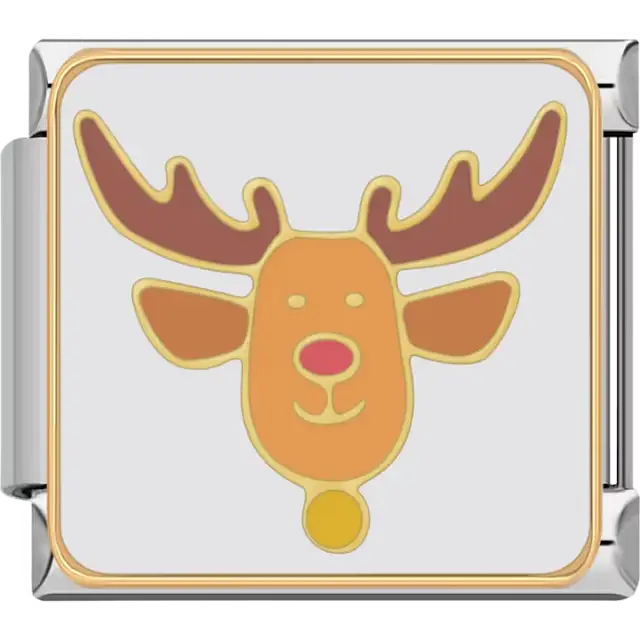 Reindeer face with red nose and brown antlers Italian charm bracelet link