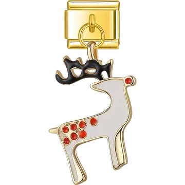 White reindeer with black antlers and red accents dangle design Italian charm bracelet link