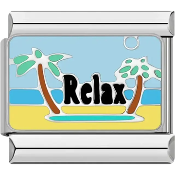 “Relax” text with palm trees and beach Italian charm bracelet link
