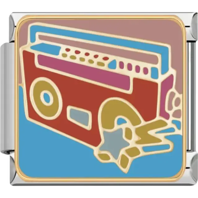 Colorful boombox design in red, blue, purple, and gold accents Italian charm bracelet link