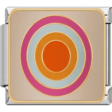 Circular geometric design featuring orange, pink, and light blue concentric circles with gold outlines on a beige background Italian charm bracelet link