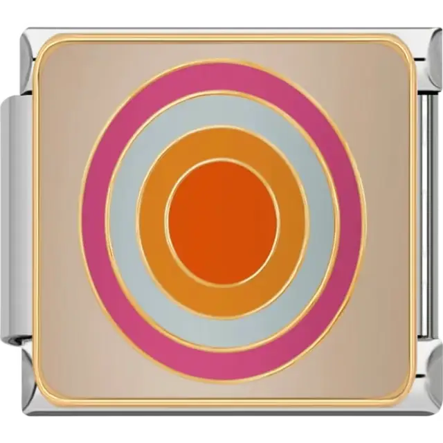 Circular geometric design featuring orange, pink, and light blue concentric circles with gold outlines on a beige background Italian charm bracelet link