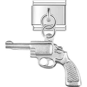 Silver revolver pistol dangle pendant Italian charm bracelet link