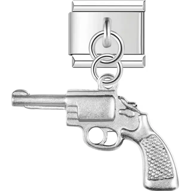 Silver revolver pistol dangle pendant Italian charm bracelet link