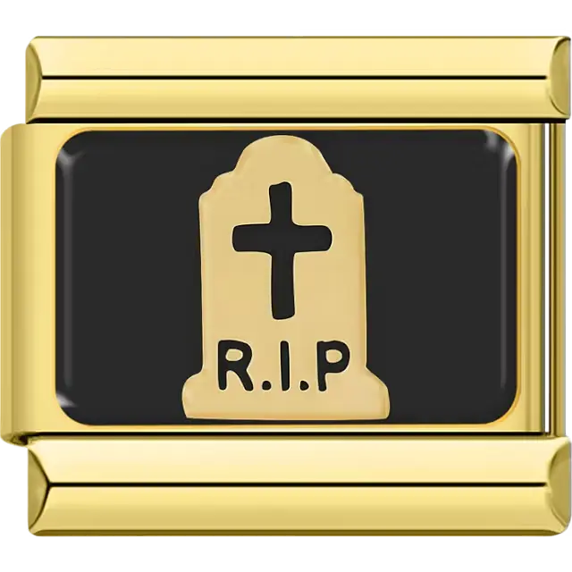 Gold tombstone with “R.I.P” text and cross on black background Italian charm bracelet link