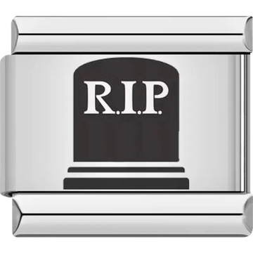 Black tombstone with bold "RIP" lettering Italian charm bracelet link