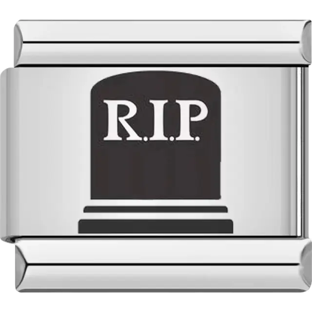 Black tombstone with bold "RIP" lettering Italian charm bracelet link