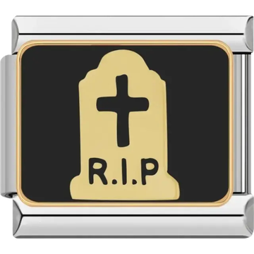 Gold tombstone with “R.I.P” text and cross on black background Italian charm bracelet link