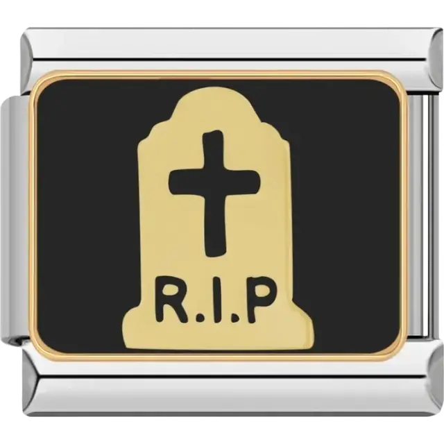 Gold tombstone with “R.I.P” text and cross on black background Italian charm bracelet link