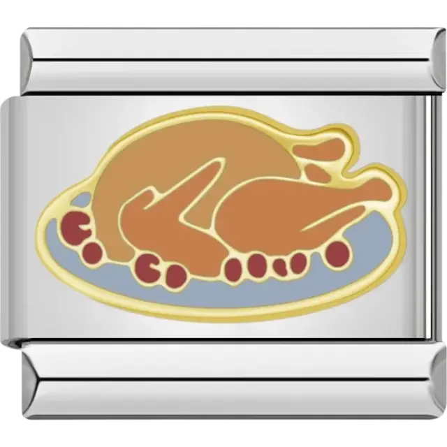 Golden roast turkey on a platter with red garnish details Italian charm bracelet link