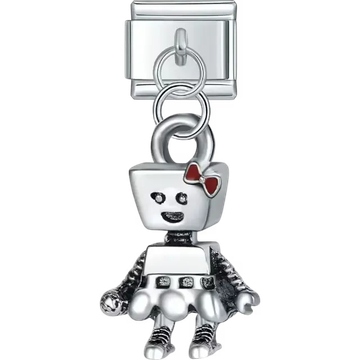Dangle featuring a robot girl design with a bow detail and movable arms and legs Italian charm bracelet link