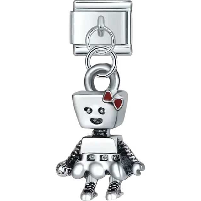 Dangle featuring a robot girl design with a bow detail and movable arms and legs Italian charm bracelet link