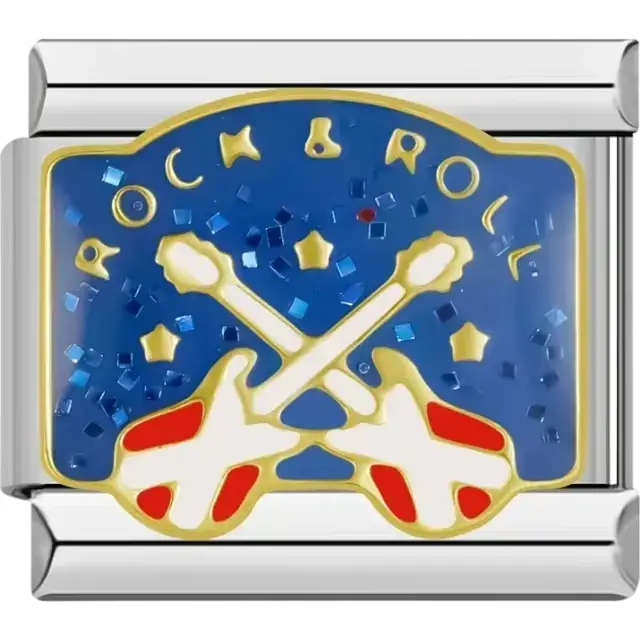 Blue charm with crossed red and white guitars, star accents, and "Rock &amp; Roll" text Italian charm bracelet link
